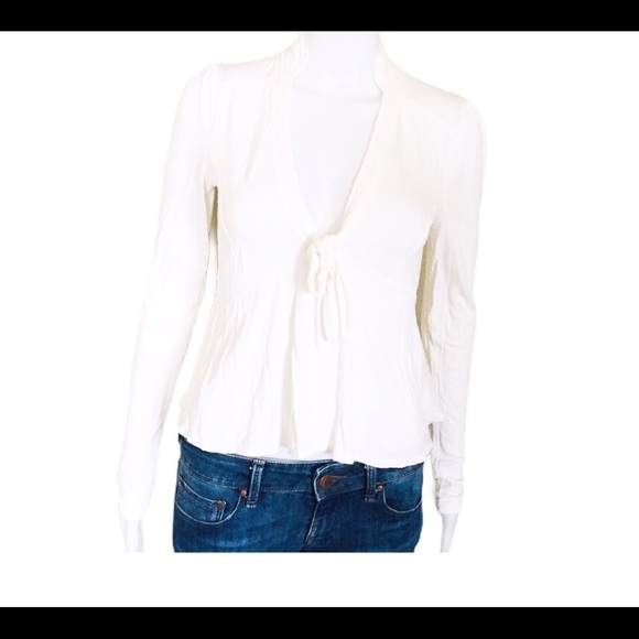 FREE PEOPLE Lois Tie Front Long Sleeve Blouse With V Cut Ivory White Size Small - Picture 3 of 11